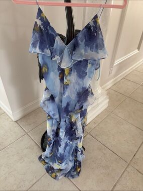 White House Black Market Blue Floral Ruffle Slip Dress